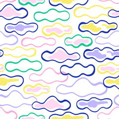 Cute chidish felt pen hand drawn multicoloured clouds vector seamless pattern. Celestial whimsical cloudlets background. Bright colours infantile sky surface design for nursery or kids fabric.