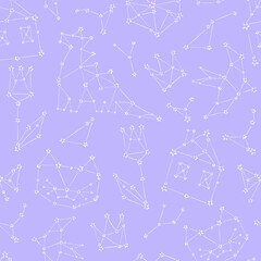 Cute Constellation Tiny house Cat Dinosaur Crown Tulip Bird vector seamless pattern. Childish celestial blue galaxy sweet dreams background. Pyjamas party surface design.