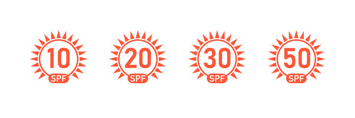 SPF sun protection icons for sunscreen packaging. UVA UVB control for skin. Vector