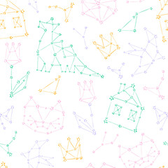 Cute Constellation Tulip Dinosaur Tiny house Cat Bird Crown vector seamless pattern. Childish celestial sweet colours galaxy sweet dreams background. Pyjamas party surface design.