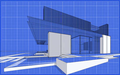Fototapeta na wymiar 3d rendering of modern cozy house with parking and pool for sale or rent with wood plank facade. Black line sketch with white spot and blueprint background
