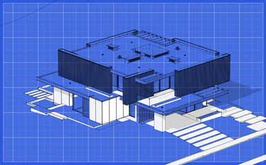 3d rendering of modern cozy house with parking and pool for sale or rent with wood plank facade.  Black line sketch with white spot and blueprint background