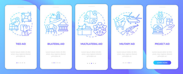 Types of foreign assistance blue gradient onboarding mobile app screen. Walkthrough 5 steps graphic instructions pages with linear concepts. UI, UX, GUI template. Myriad Pro-Bold, Regular fonts used