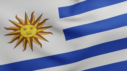 Obraz premium National flag of Uruguay waving 3D Render, Oriental Republic of Uruguay flag textile designed by Joaquin Suarez, coat of arms Uruguay independence day, Pabellon Nacional