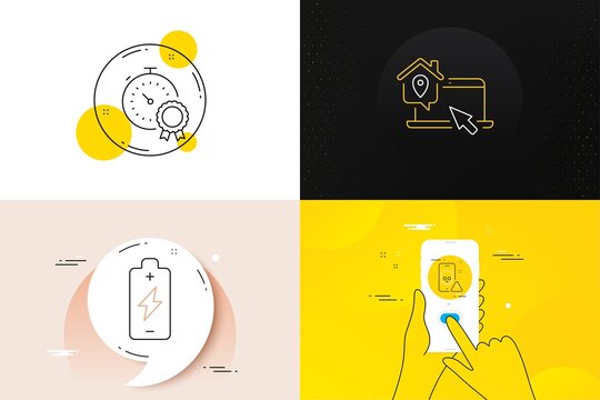 Minimal set of Cyber attack, Work home and Battery charging line icons. Phone screen, Quote banners. Best result icons. For web development. Phone virus, Outsource work, Electric energy. Vector