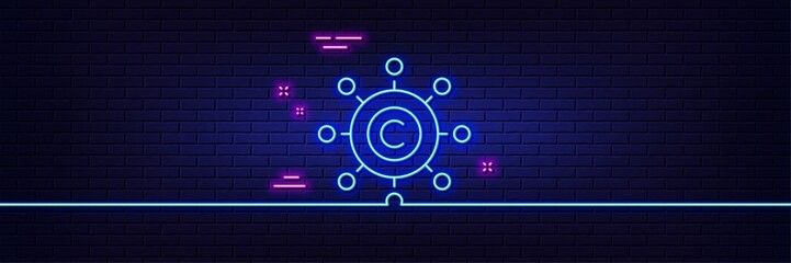 Neon light glow effect. Copywriting network line icon. Copyright sign. Content networking symbol. 3d line neon glow icon. Brick wall banner. Copywriting network outline. Vector