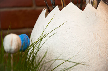 big white easter egg in hand with copy space. selective focus