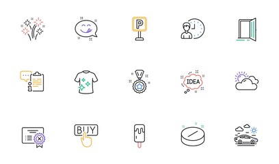 Car travel, Open door and Working hours line icons for website, printing. Collection of Medical tablet, Parking, Clean t-shirt icons. Yummy smile, Reject certificate. Vector