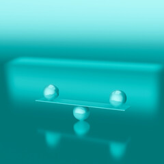 3d rendering of glossy teal balls perfectly ba;nced. isolated on shiny background with negative space for copy.
