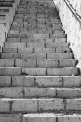 Stone stairs with metal hand rail. Jerusalem,  Israel. Black  white historic photo.