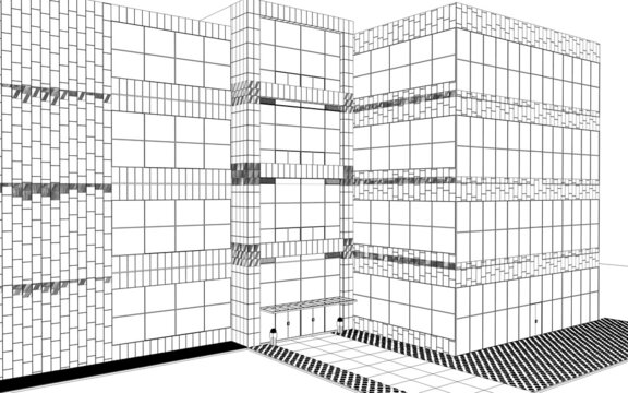 recommend clip art: 3d render exterior mall, contour visualization, 3D illustration, sketch, outline