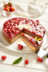 sliced fresh fruit cake sugar sweet chocolate garnish mint