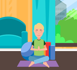 Yogi sits in lotus position and meditates. Meditation, spiritual practice, health care concept. Young man resting and doing yoga. Guy doing breathing exercises. Morning yoga, relaxation at home