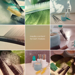 set of photos for advertising beauty services - eyelash extensions. Bottles with glue, degreaser and remover, artificial eyelashes, brushes, tweezers and other lash maker accessories