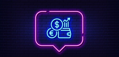 Neon light speech bubble. Currency rates line icon. Money exchange sign. Trade wallet symbol. Neon light background. Currency rate glow line. Brick wall banner. Vector