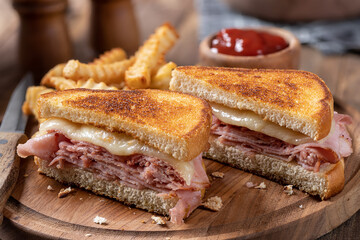 Grilled ham and cheese sandwich with french fries