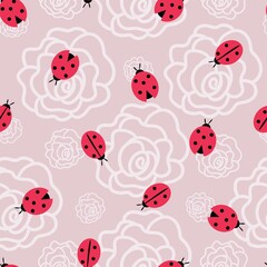 The ladybug and flowers seamless pattern