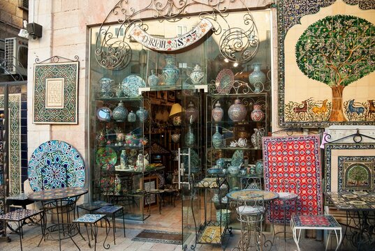 JERUSALEM, ISRAEL - FEBRUARY 19, 2014: Famous hand painted ceramic tiles and pottery shop of Arman Darian. Armenian pottery is developed in Jerusalem since early days of the British Mandate.