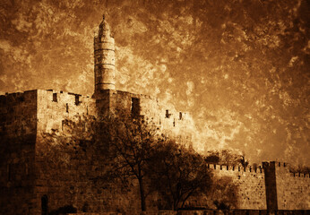 Tower of David (or Jerusalem Citadel) at sunset. Jerusalem, Israel. Sepia historic photo.with...