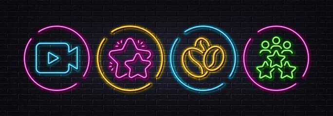 Video camera, Star and Coffee beans minimal line icons. Neon laser 3d lights. Business meeting icons. For web, application, printing. Movie or cinema, Customer feedback, Roasted seeds. Vector