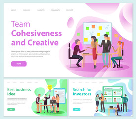 Team cohesiveness and creative, best business idea, search for investors concept. People brainstorming, meeting and teambuilding. Colleagues discuss development. Business website landing pages set