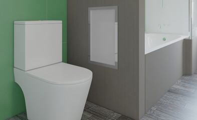 Spacious bathroom in gray tones with heated floors, freestanding tub. 3D rendering.. Blank paintings.  Mockup.