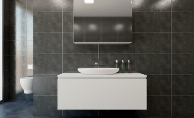 Scandinavian bathroom, classic  vintage interior design. 3D rendering.