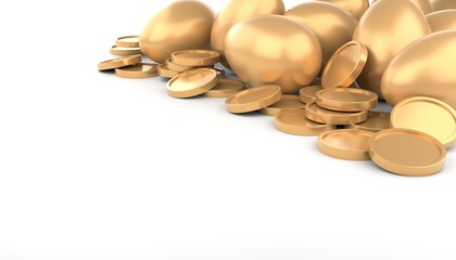 Gold eggs with coins isolated on white background. 3D rendering. 