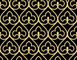 Abstract geometry pattern in Arabian style. Seamless vector background. Gold and black graphic ornament. Simple lattice graphic design