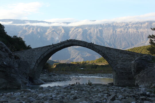famous stone bridge called Ura e mesit, near Shkodra, albania in the north	