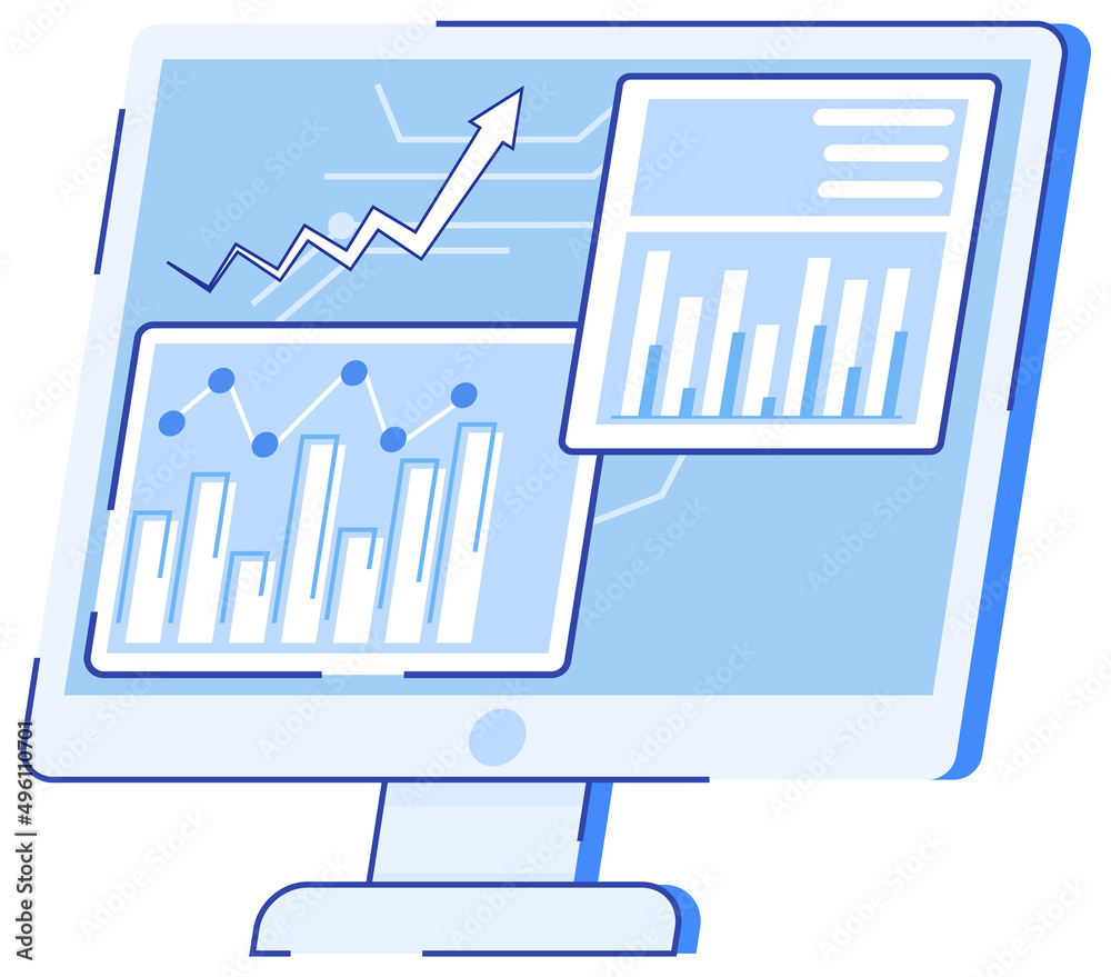 Poster computer screen with various graphs and diagrams. data analysis and investment. business success pro