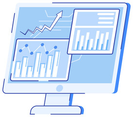 Computer screen with various graphs and diagrams. Data analysis and investment. Business success program. Statistical calculations, financial research. Analysis of statistics for business strategy