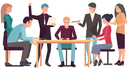 Businesspeople have project strategy planning meeting. Teamwork with business plan, creating new creative project. Meeting to discuss starting business. Colleagues discussing work in entrepreneurship