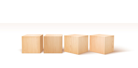 Four Wooden Blocks 3d Realistic Vector Illustration. Front Perspective View. Business, Creative or Idea Template. Isolated on White Background