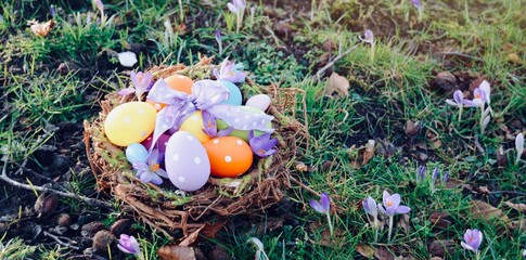 easter eggs in the nest - easter decoration in the garden - greeting card and background banner