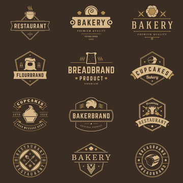 Bakery shop logos templates set. Vector object and icons for pastries labels, bread badges, emblems graphics.