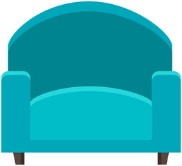 Armchair in retro blue color. Modern soft armchair with upholstery of striped cloth. Living room furniture design concept modern home interior element isolated vector. Soft chair on wooden legs