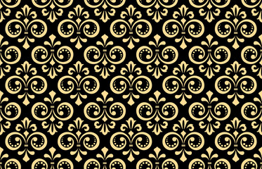 Floral pattern. Vintage wallpaper in the Baroque style. Seamless vector background. Gold and black ornament for fabric, wallpaper, packaging. Ornate Damask flower ornament