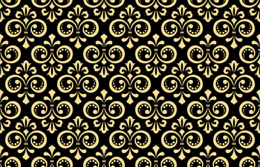 Floral pattern. Vintage wallpaper in the Baroque style. Seamless vector background. Gold and black ornament for fabric, wallpaper, packaging. Ornate Damask flower ornament