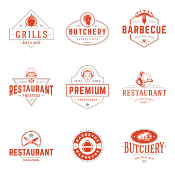 Restaurant logos templates vector objects set. Logotypes or badges design. Trendy retro style illustration, chef man, barbecue, meat steak silhouettes.