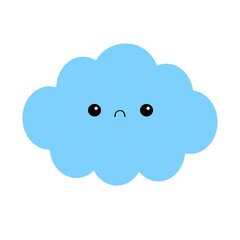 White cloud icon. Sad face. Fluffy clouds. Cute cartoon kawaii cloudscape. Love card. Cloudy weather sign symbols. Flat design. Blues sky background. Isolated.