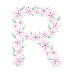 Obraz na płótnie Canvas Floral botanical alphabet. Vintage hand drawn monogram letter R. Letter with plants and flowers. Vector lettering isolated on white 