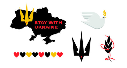 Set of Ukrainian map, dove, piece, hearts