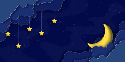 Obraz na płótnie Canvas Fluffy paper clouds, 3d moon and stars on night sky background.