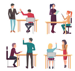 Businesspeople have project strategy planning meeting. Teamwork with business plan, creating new creative project. Meeting to discuss starting business. Colleagues discussing work in entrepreneurship