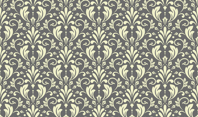 Wallpaper in the style of Baroque. Seamless vector background. Gray floral ornament. Graphic pattern for fabric, wallpaper, packaging. Ornate Damask flower ornament