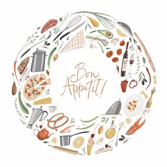 Round frame. Cooking, food, wine, dishes. Banner design with restaurant food on a white background. Cute cartoon style. Stock illustration.  