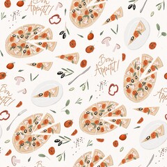 Seamless pattern of pizza, tomatoes, olives, peppers, seasonings, mushrooms on a light background. Cute cartoon style. Stock illustration.