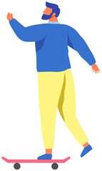 Skateboarder standing one foot on skateboard. Happy young man on modern mode of transport. Hipster, skateboarder, sportsman stands on board on wheels. Skateboarding, moving around city on skateboard