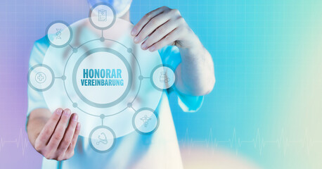 Honorarvereinbarung. Medizin in der Zukunft. Arzt hält virtuelles Interface mit Text und Icons im...